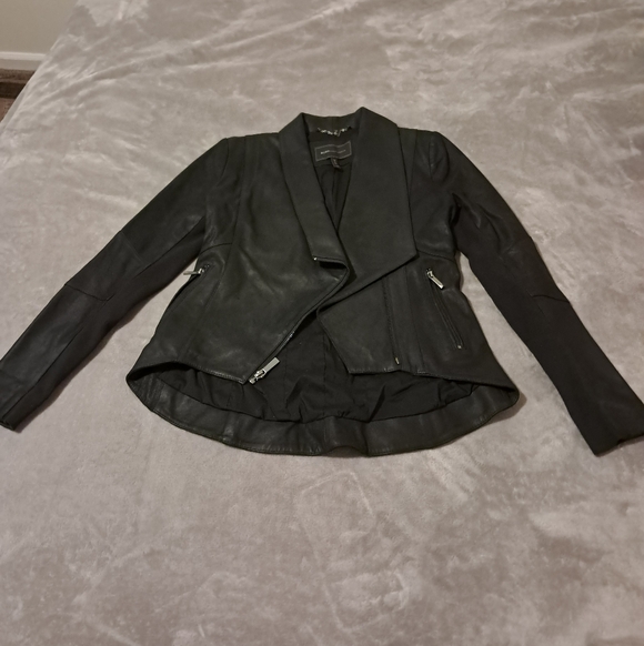 BCBGMAXAZRIA black genuine soft leather draped collar jacket front zip size XXS. - Picture 3 of 13